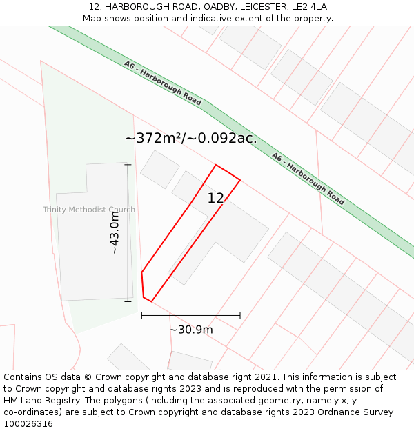 12, HARBOROUGH ROAD, OADBY, LEICESTER, LE2 4LA: Plot and title map