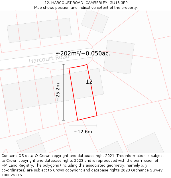 12, HARCOURT ROAD, CAMBERLEY, GU15 3EP: Plot and title map
