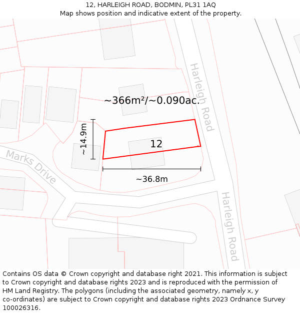 12, HARLEIGH ROAD, BODMIN, PL31 1AQ: Plot and title map