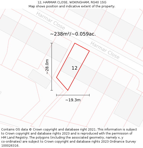 12, HARMAR CLOSE, WOKINGHAM, RG40 1SG: Plot and title map