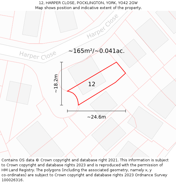 12, HARPER CLOSE, POCKLINGTON, YORK, YO42 2GW: Plot and title map