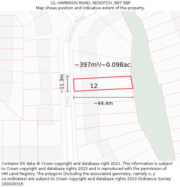 12, HARRISON ROAD, REDDITCH, B97 5BP: Plot and title map