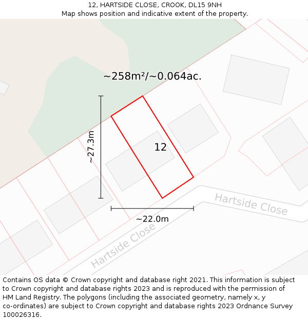 12, HARTSIDE CLOSE, CROOK, DL15 9NH: Plot and title map