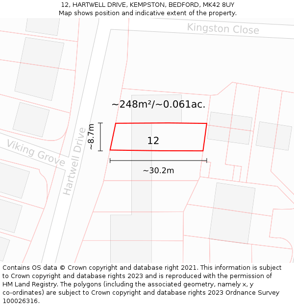 12, HARTWELL DRIVE, KEMPSTON, BEDFORD, MK42 8UY: Plot and title map