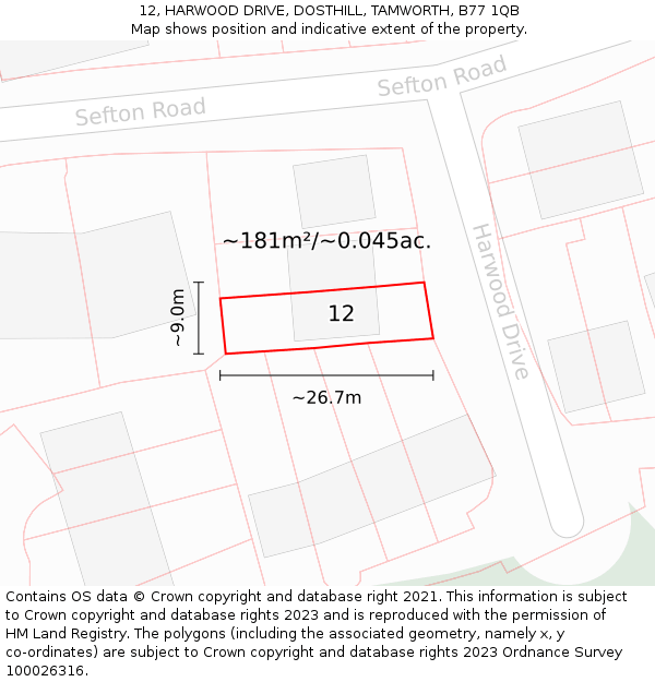 12, HARWOOD DRIVE, DOSTHILL, TAMWORTH, B77 1QB: Plot and title map