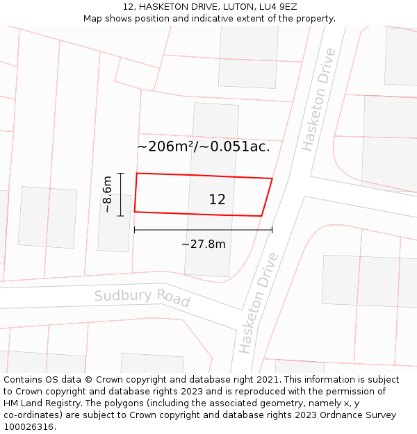 12, HASKETON DRIVE, LUTON, LU4 9EZ: Plot and title map