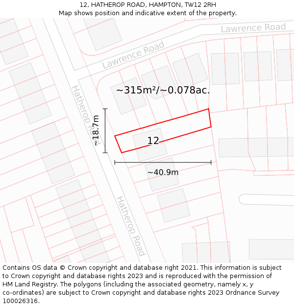 12, HATHEROP ROAD, HAMPTON, TW12 2RH: Plot and title map