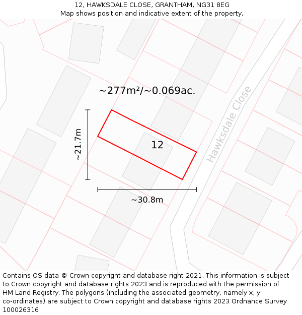 12, HAWKSDALE CLOSE, GRANTHAM, NG31 8EG: Plot and title map