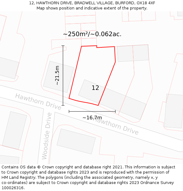 12, HAWTHORN DRIVE, BRADWELL VILLAGE, BURFORD, OX18 4XF: Plot and title map