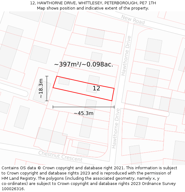 12, HAWTHORNE DRIVE, WHITTLESEY, PETERBOROUGH, PE7 1TH: Plot and title map