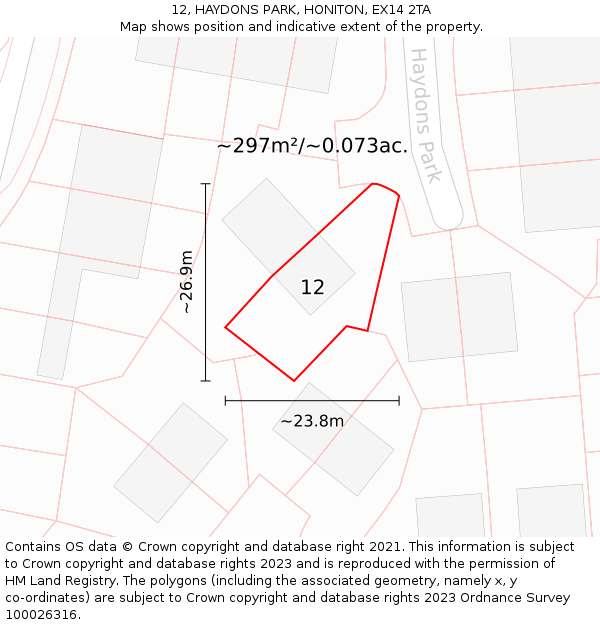 12, HAYDONS PARK, HONITON, EX14 2TA: Plot and title map