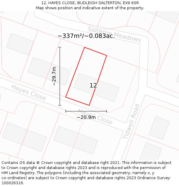 12, HAYES CLOSE, BUDLEIGH SALTERTON, EX9 6SR: Plot and title map