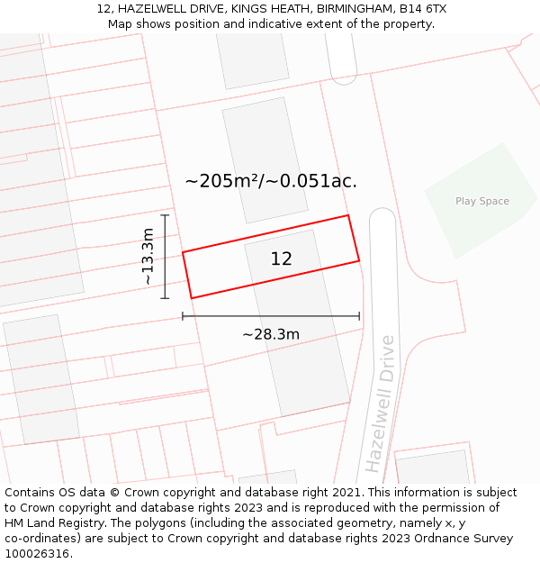 12, HAZELWELL DRIVE, KINGS HEATH, BIRMINGHAM, B14 6TX: Plot and title map