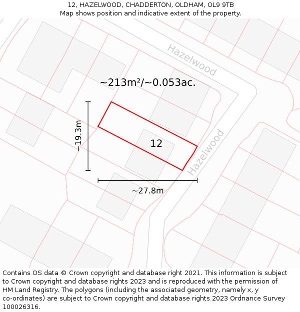 12, HAZELWOOD, CHADDERTON, OLDHAM, OL9 9TB: Plot and title map