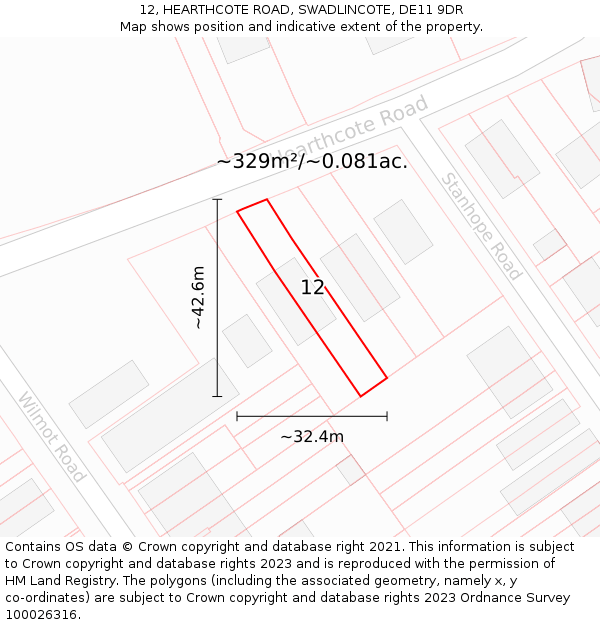 12, HEARTHCOTE ROAD, SWADLINCOTE, DE11 9DR: Plot and title map