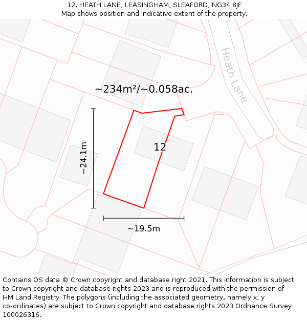 12, HEATH LANE, LEASINGHAM, SLEAFORD, NG34 8JF: Plot and title map