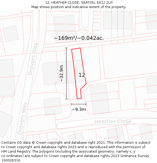 12, HEATHER CLOSE, SEATON, EX12 2UY: Plot and title map