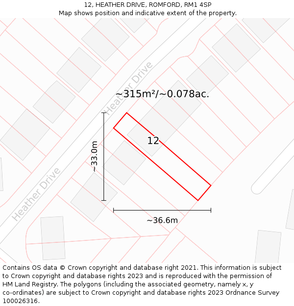 12, HEATHER DRIVE, ROMFORD, RM1 4SP: Plot and title map