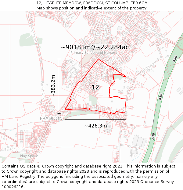 12, HEATHER MEADOW, FRADDON, ST COLUMB, TR9 6GA: Plot and title map