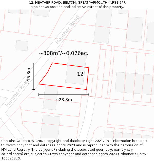 12, HEATHER ROAD, BELTON, GREAT YARMOUTH, NR31 9PR: Plot and title map