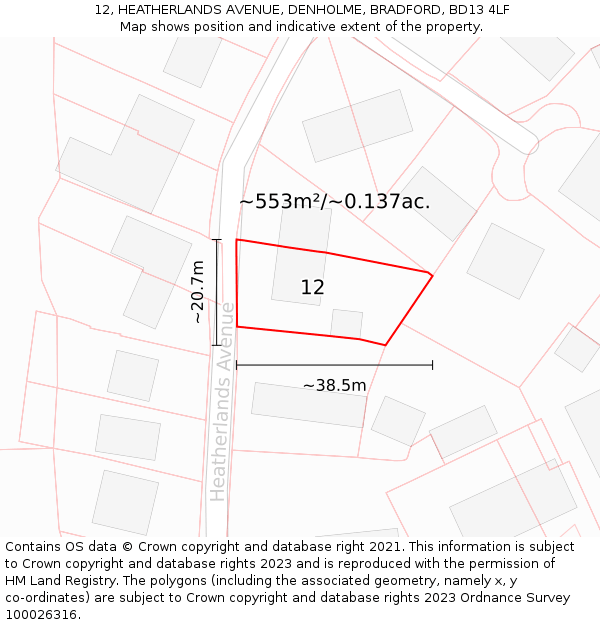 12, HEATHERLANDS AVENUE, DENHOLME, BRADFORD, BD13 4LF: Plot and title map