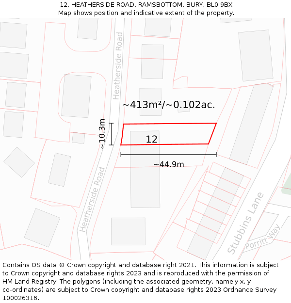 12, HEATHERSIDE ROAD, RAMSBOTTOM, BURY, BL0 9BX: Plot and title map