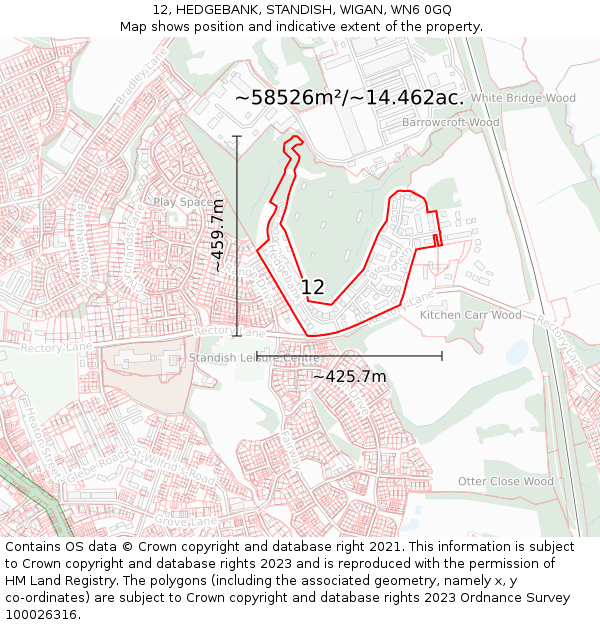 12, HEDGEBANK, STANDISH, WIGAN, WN6 0GQ: Plot and title map