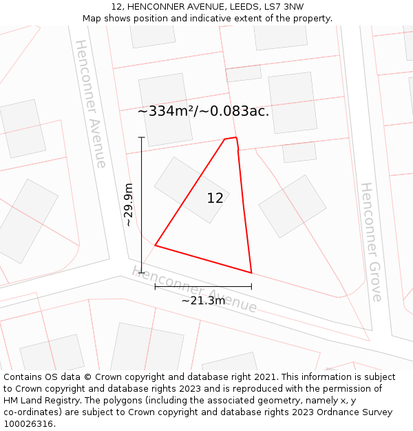 12, HENCONNER AVENUE, LEEDS, LS7 3NW: Plot and title map