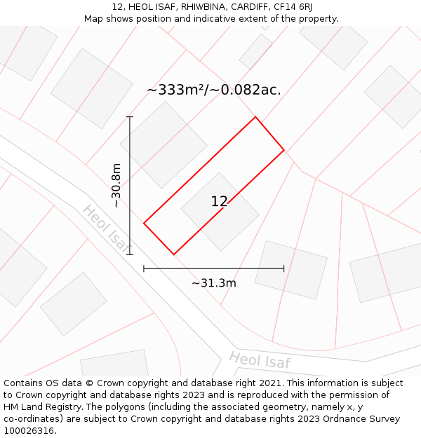 12, HEOL ISAF, RHIWBINA, CARDIFF, CF14 6RJ: Plot and title map