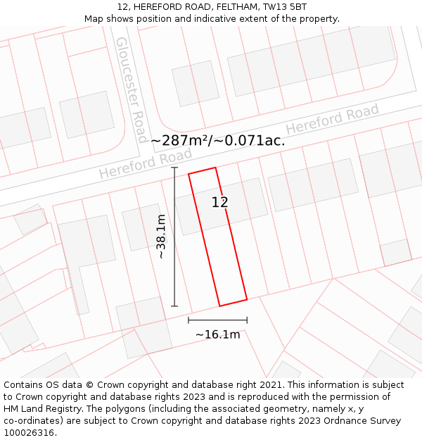 12, HEREFORD ROAD, FELTHAM, TW13 5BT: Plot and title map