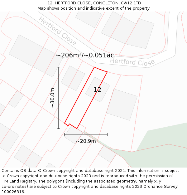 12, HERTFORD CLOSE, CONGLETON, CW12 1TB: Plot and title map