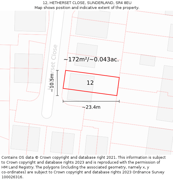 12, HETHERSET CLOSE, SUNDERLAND, SR4 8EU: Plot and title map