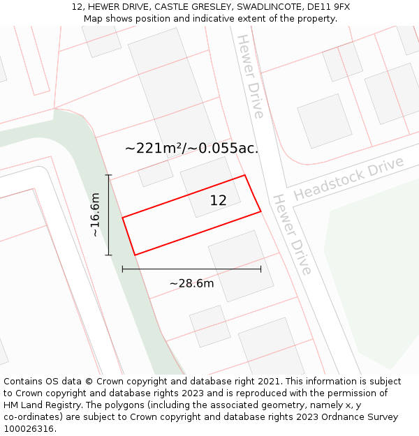 12, HEWER DRIVE, CASTLE GRESLEY, SWADLINCOTE, DE11 9FX: Plot and title map