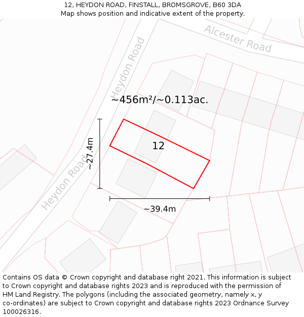 12, HEYDON ROAD, FINSTALL, BROMSGROVE, B60 3DA: Plot and title map