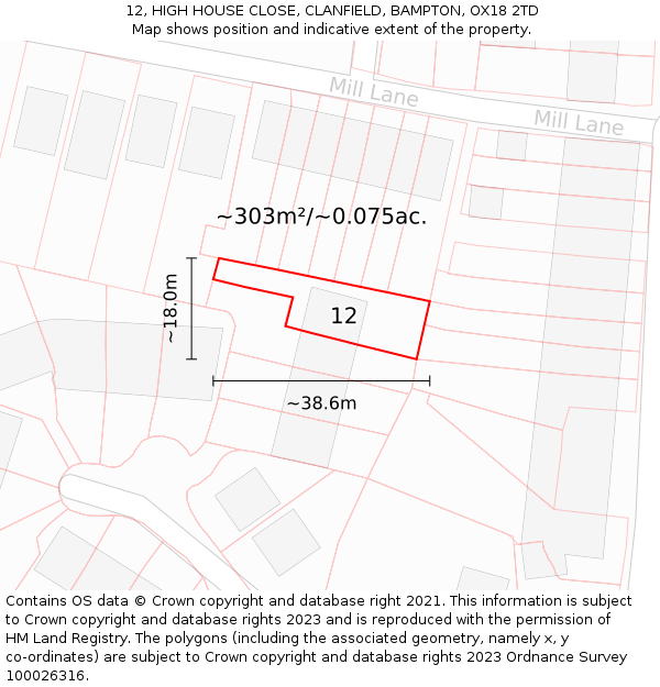 12, HIGH HOUSE CLOSE, CLANFIELD, BAMPTON, OX18 2TD: Plot and title map