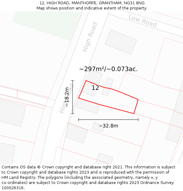 12, HIGH ROAD, MANTHORPE, GRANTHAM, NG31 8NG: Plot and title map