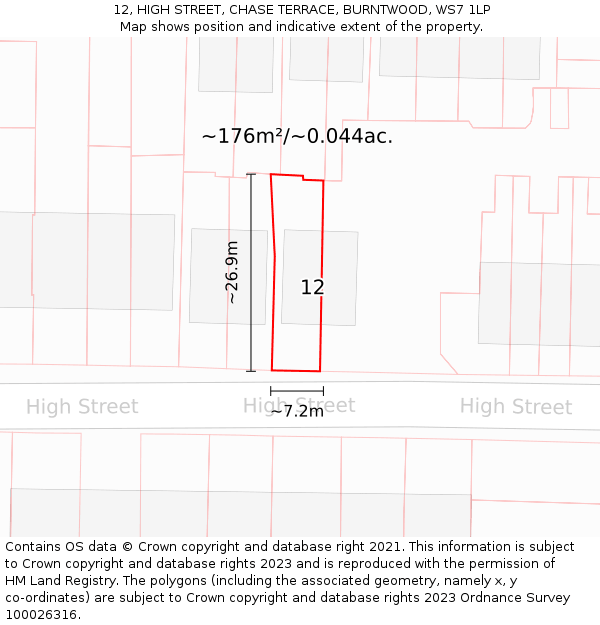 12, HIGH STREET, CHASE TERRACE, BURNTWOOD, WS7 1LP: Plot and title map