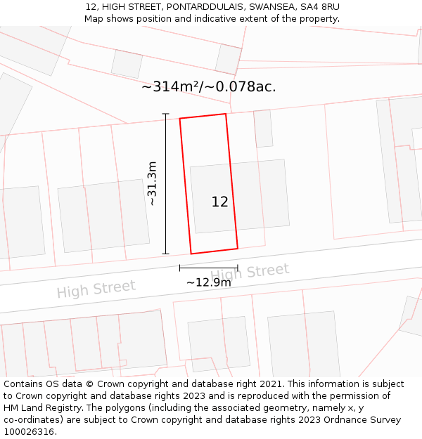 12, HIGH STREET, PONTARDDULAIS, SWANSEA, SA4 8RU: Plot and title map