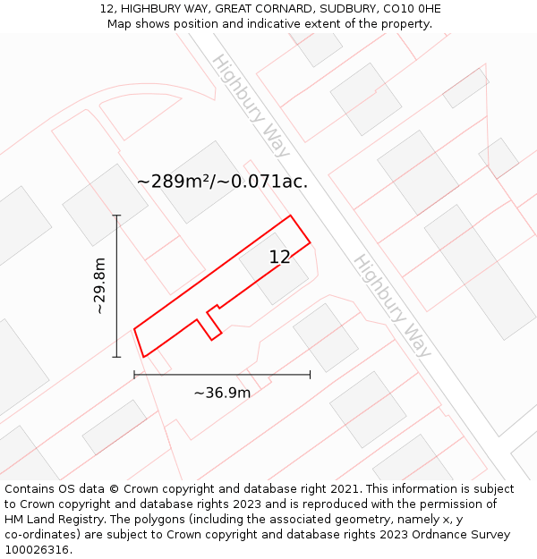 12, HIGHBURY WAY, GREAT CORNARD, SUDBURY, CO10 0HE: Plot and title map