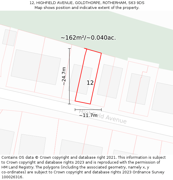 12, HIGHFIELD AVENUE, GOLDTHORPE, ROTHERHAM, S63 9DS: Plot and title map