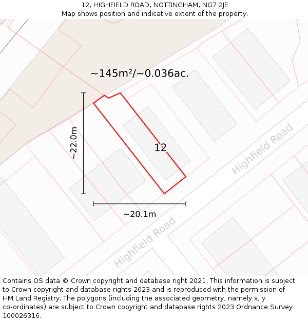 12, HIGHFIELD ROAD, NOTTINGHAM, NG7 2JE: Plot and title map