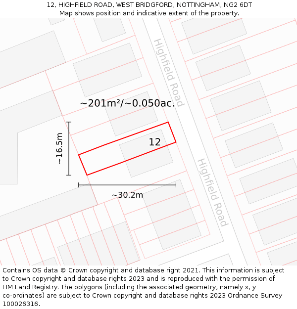 12, HIGHFIELD ROAD, WEST BRIDGFORD, NOTTINGHAM, NG2 6DT: Plot and title map