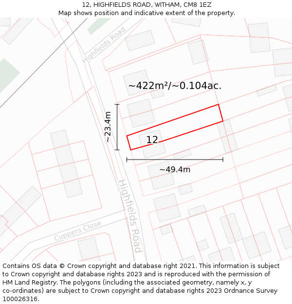 12, HIGHFIELDS ROAD, WITHAM, CM8 1EZ: Plot and title map