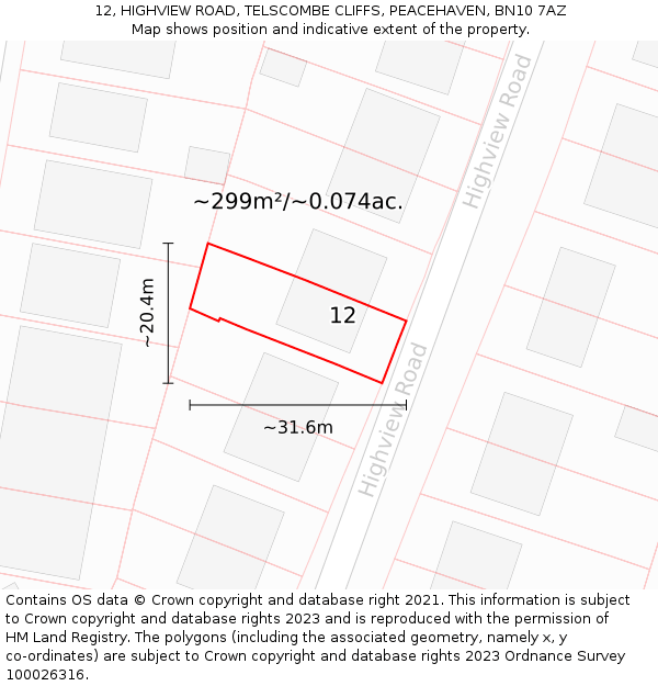 12, HIGHVIEW ROAD, TELSCOMBE CLIFFS, PEACEHAVEN, BN10 7AZ: Plot and title map