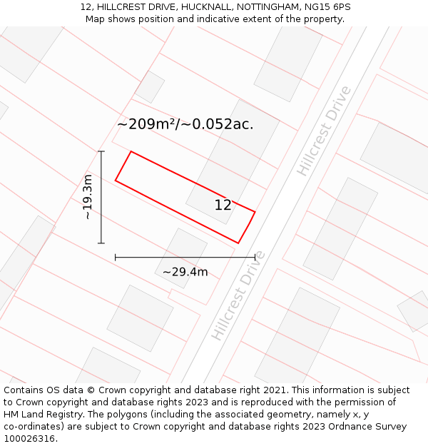 12, HILLCREST DRIVE, HUCKNALL, NOTTINGHAM, NG15 6PS: Plot and title map