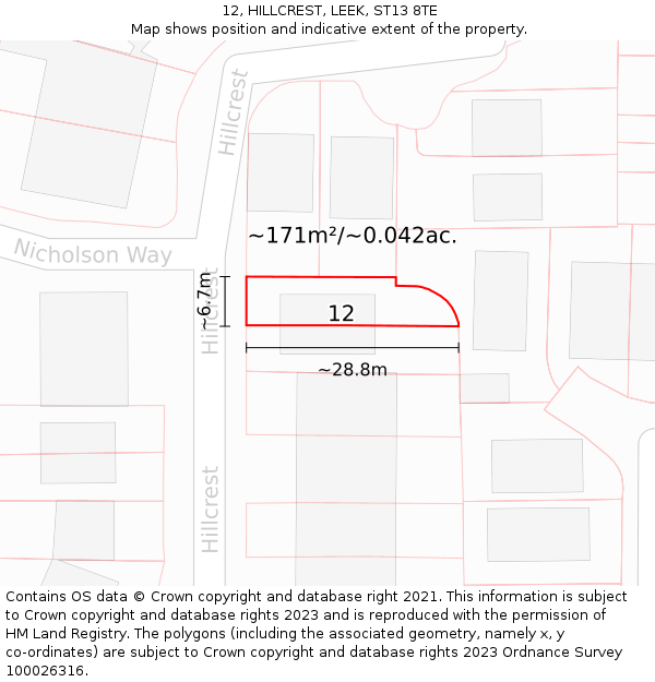 12, HILLCREST, LEEK, ST13 8TE: Plot and title map