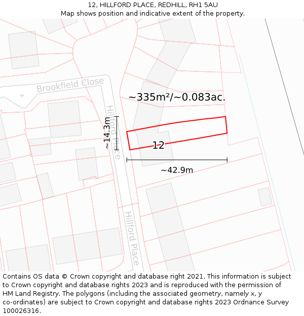 12, HILLFORD PLACE, REDHILL, RH1 5AU: Plot and title map