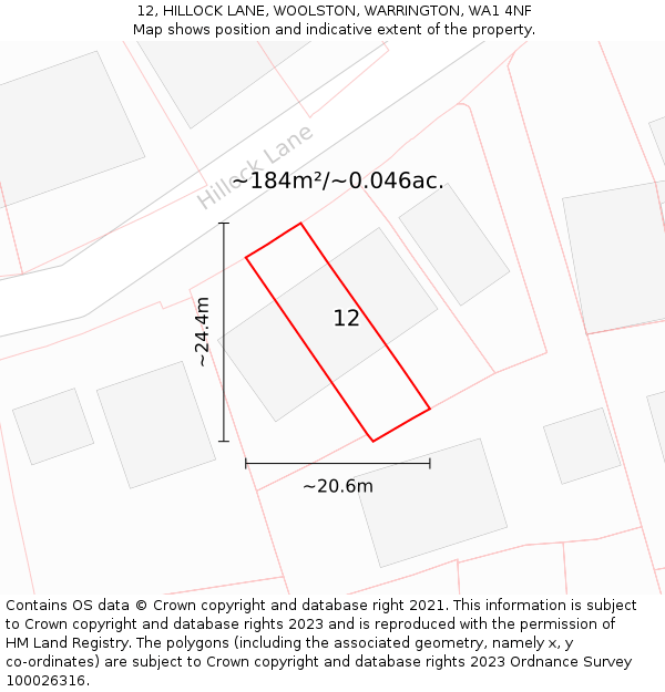 12, HILLOCK LANE, WOOLSTON, WARRINGTON, WA1 4NF: Plot and title map