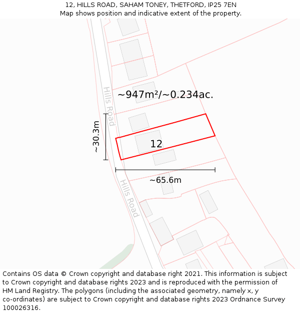 12, HILLS ROAD, SAHAM TONEY, THETFORD, IP25 7EN: Plot and title map