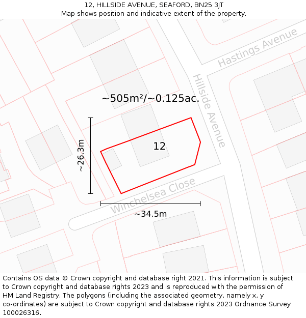 12, HILLSIDE AVENUE, SEAFORD, BN25 3JT: Plot and title map